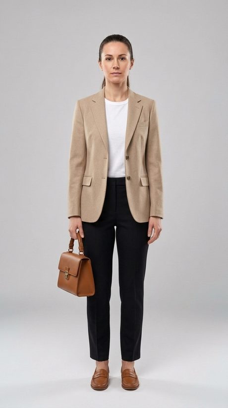 Look montado pela Zhaia — blazer bege, camiseta branca, calça preta, mocassim e bolsa caramelo — mostrado no corpo